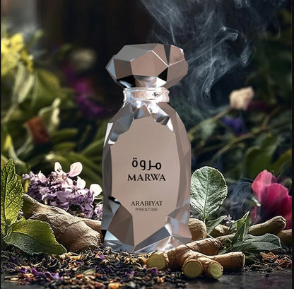 Arabiyat Prestige Marwa 100 ml men’s Eau de Parfum – citrus aromatic top with neroli, ginger, cinnamon and warm amber-woody base.