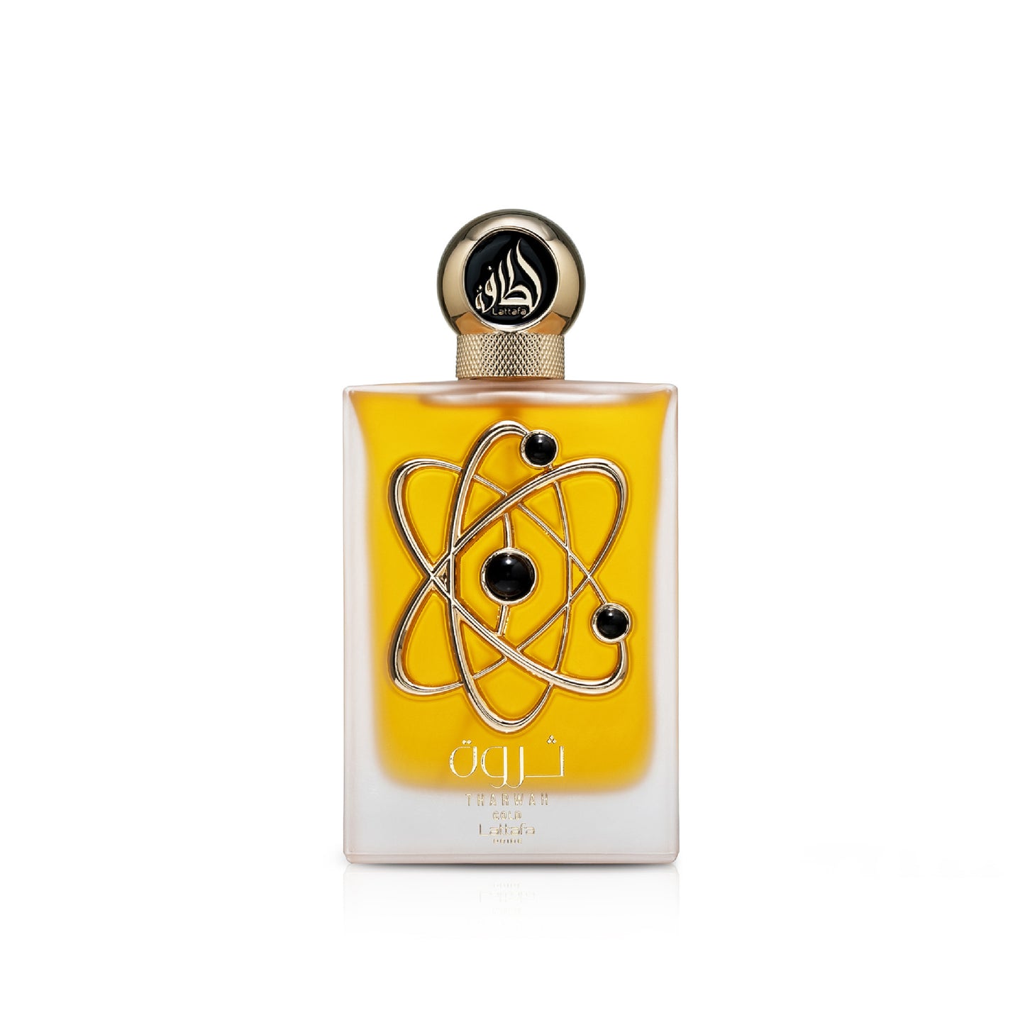 Lattafa Tharwah Gold Eau de Parfum 100 ml bottle – floral musk fragrance with bergamot, jasmine, vanilla, amber, and soft woody base
