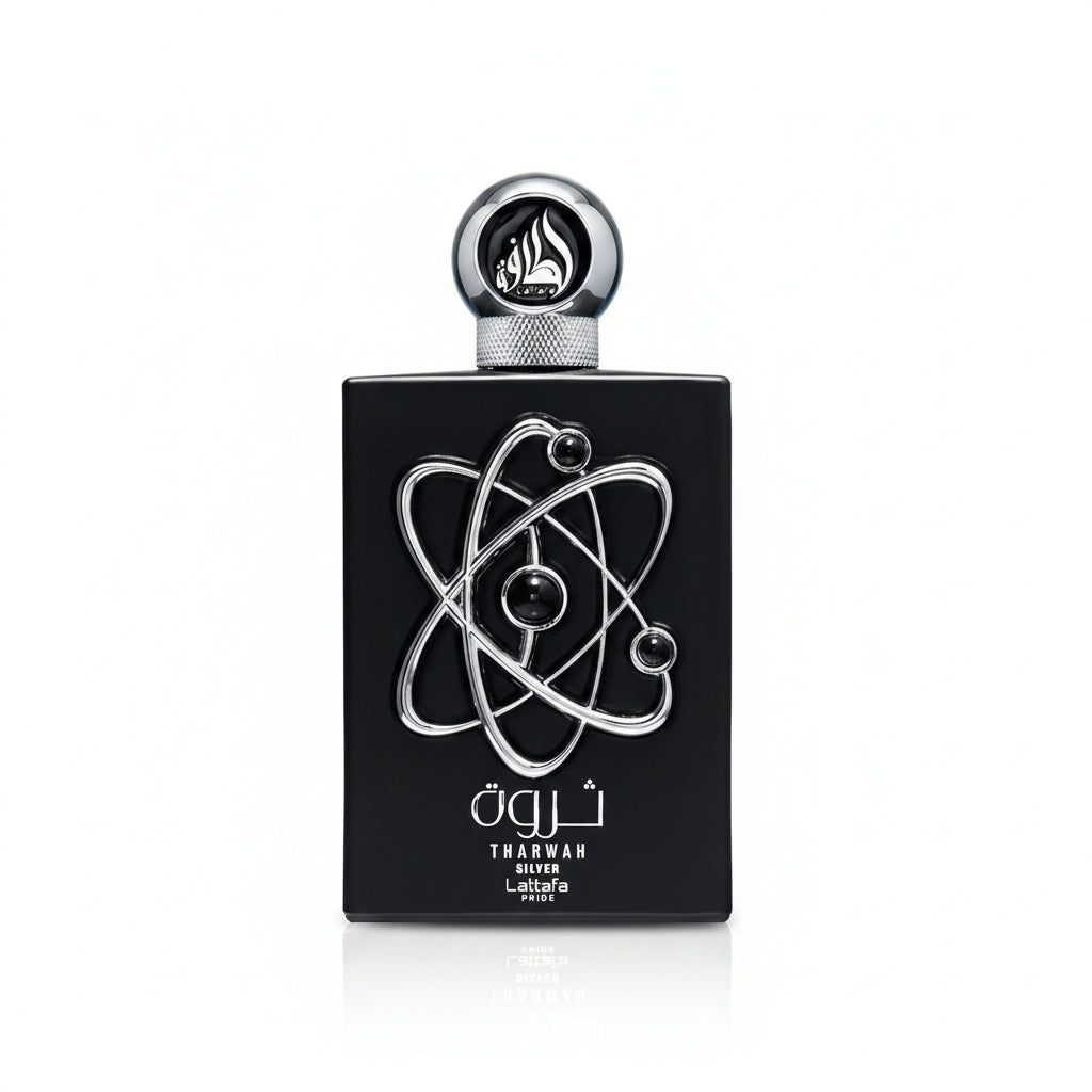 Lattafa Tharwah Silver Eau de Parfum 100 ml bottle – fresh mint and lavender fragrance with creamy vanilla and woody base