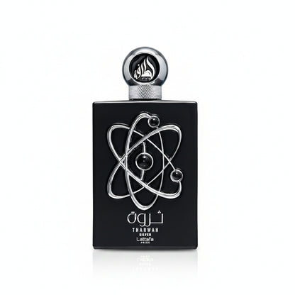 Lattafa Tharwah Silver Eau de Parfum 100 ml bottle – fresh mint and lavender fragrance with creamy vanilla and woody base