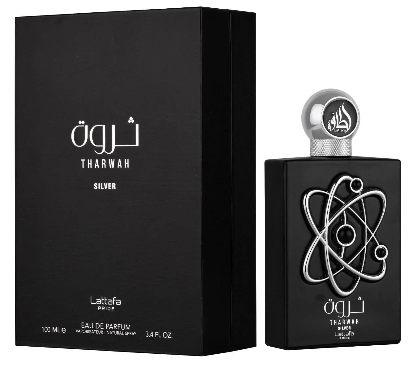 Lattafa Tharwah Silver Eau de Parfum 100 ml bottle – fresh mint and lavender fragrance with creamy vanilla and woody base