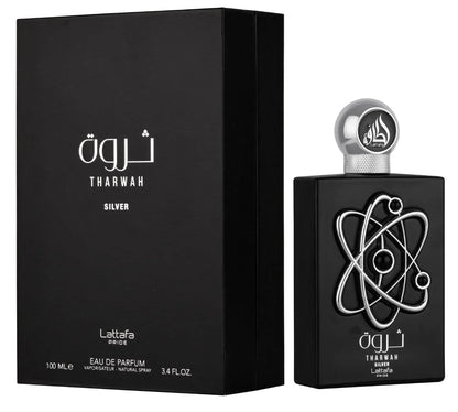 Lattafa Tharwah Silver Eau de Parfum 100 ml bottle – fresh mint and lavender fragrance with creamy vanilla and woody base