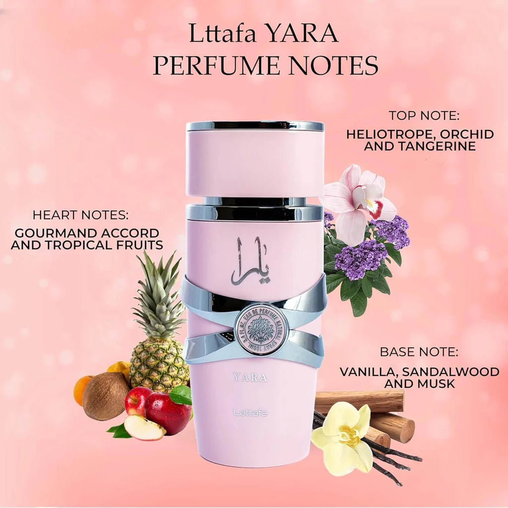 Lattafa Yara Eau de Parfum 100 ml bottle – creamy tropical gourmand fragrance with vanilla, tropical fruits, orchid, and musky sandalwood base