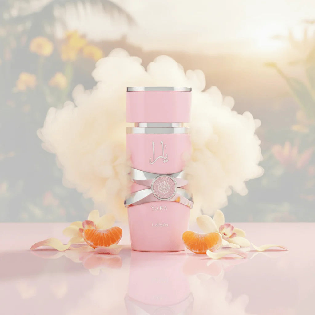 Lattafa Yara Eau de Parfum 100 ml bottle – creamy tropical gourmand fragrance with vanilla, tropical fruits, orchid, and musky sandalwood base